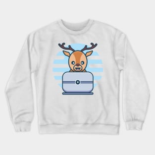 Cute Deer Character Playing Personal Computer Crewneck Sweatshirt